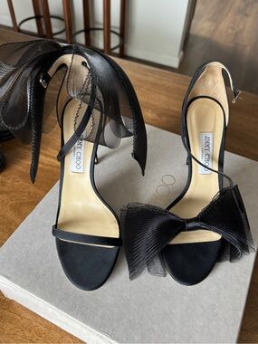 Jimmy Choo Black Tulle Bow Ankle-Strap Sandals